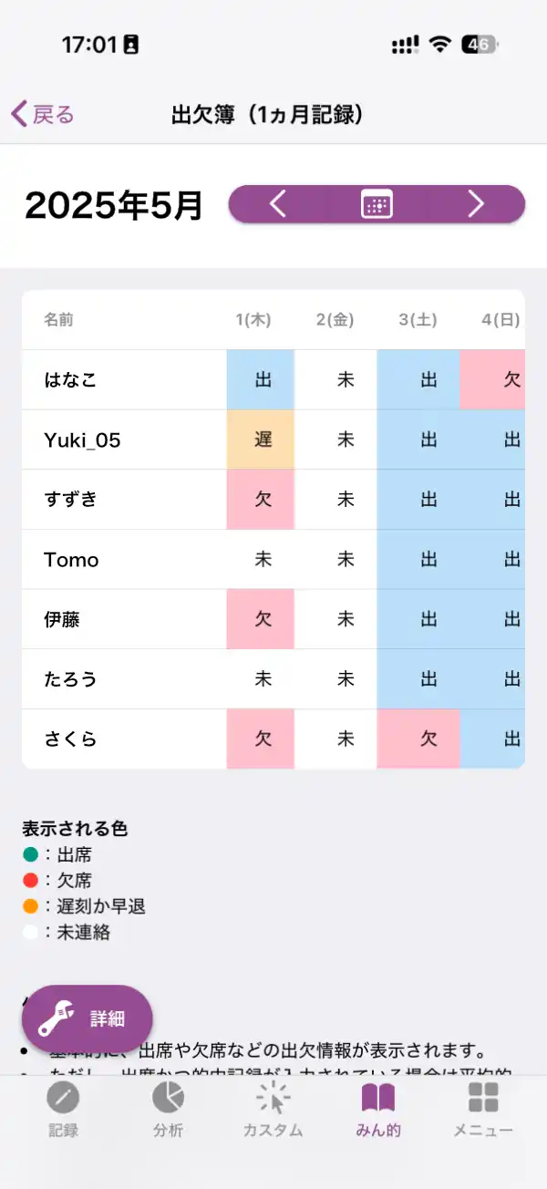 出欠管理画面